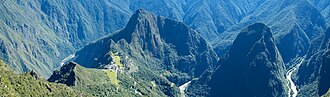 Steep Urubamba valley and mountains around the Machu Picchu ridge.