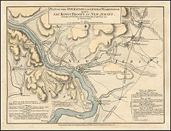 A 1777 map of the Delaware River area by William Faden depicting the route Washington and his Continental Army troops made during the complex and covert crossing of the river.