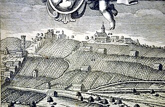 Ravensburg landscape showing local landmarks: 23. Weinberge with Torkeln; 24. St. Christina; 25. Veitsburg; 26. Ravensburg with Mehlsack. Most of the hillsides are shown covered with vineyards. From Kloster Weißenau (stylized print by Johann Mathias Steidlin, 1734).