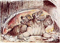 Cerberus with the gluttons in Dante's Third Circle of Hell, depicted by William Blake
