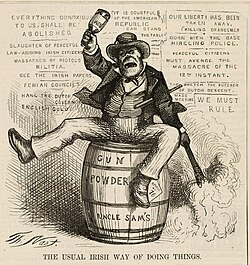 American political cartoon titled The Usual Irish Way of Doing Things, depicting a drunken Irishman lighting a powder keg and swinging a bottle. Harper's Weekly, 1871.