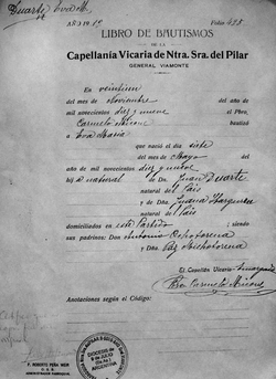 Eva Perón's baptismal act, dated 21 November 1919