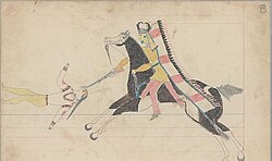 Ledger drawing of a Cheyenne warrior with pronghorn horned headdress, symbol of the Crazy Dog Society.