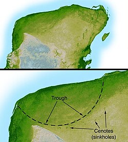 The Chicxulub Crater at the tip of the Yucatán Peninsula; the impactor that formed this crater may have caused the dinosaur extinction.