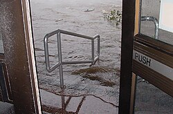 Flood waters come up the steps of Mobile's federal courthouse.