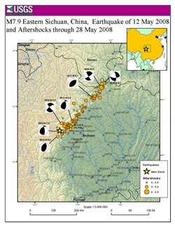 Map showing the location of the 2008 Sichuan earthquake and all the aftershocks following it through May 28, 2008