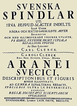 Title page of the 1757 edition of Clerck's Svenska Spindlar