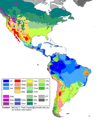Climate zones of the Americas in the Köppen climate classification system