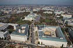 The Longworth Building (center) is located between the Rayburn Building (left, partial view) and Cannon Building (Right)