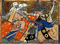Three bearded horsemen wearing a turban fighting with three knights