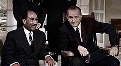 Johnson and Egyptian Parliament Speaker Anwar Sadat at the White House, 1966