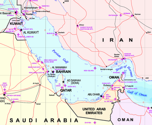 A map of the Persian Gulf. The Gulf of Oman leads to the Arabian Sea. Detail from larger map of the Middle East.