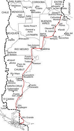Map of Argentina, showing Route 3, in red