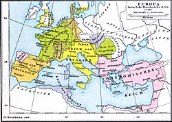 The Ostrogothic Kingdom (in yellow) at the death of Theodoric the Great (AD 526)