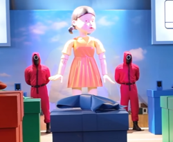 Two statues of Squid Game guards by a statue of Young-hee (robot doll) at Netflix House, Dallas