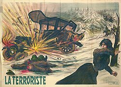 La Terroriste, a 1910 poster depicting a female member of the Combat Organization of the Polish Socialist Party throwing a bomb at a Russian official's car