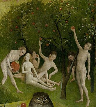Male figures pluck fruit from a tree. One carries a large strawberry while an owl is in the foreground.