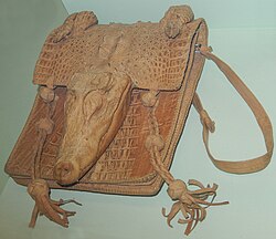 Handbag made from skin of dwarf crocodile at the Natural History Museum, London.