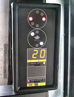 Amtrak ACSES-capable cab signal display unit showing both a miniature signal and associated speed limit.