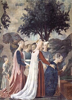 The Queen of Sheba venerates the wood from which the Cross will be made (mid 15th-century fresco by Piero della Francesca in San Francesco, Arezzo).