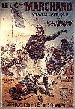 Contemporary French advertising poster for a series of booklets detailing Major Marchand's trek across Africa toward Fashoda in 1898