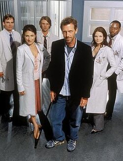 The original lead characters of House, M.D.: (left to right) Wilson, Cuddy, Chase, House, Cameron, and Foreman
