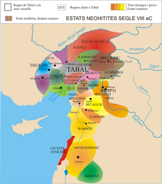Various Neo-Hittite and western Aramean (orange shades) states in the 8th century BC