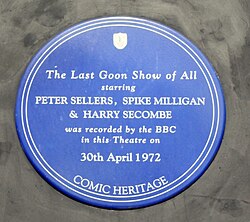 The blue plaque from the old Camden Theatre, now Koko, the site of the recording of The Last Goon Show of All in 1972