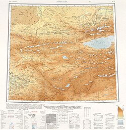 Map of Almaty (labeled as ALMA-ATA) and surrounding region from the International Map of the World (1948)