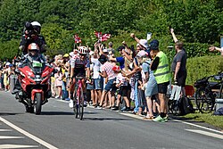 Magnus Cort wearing the polka dot jersey as leader of the Mountains classification, on stage 3 in Denmark