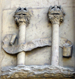 Iconic representation of the Pillars of Hercules with ribbon Plus Ultra ("further beyond"), in Seville (16th century).
