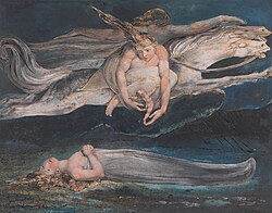 Pity by William Blake, 1795, is an illustration of two similes in Macbeth:"And pity, like a naked new-born babe, Striding the blast, or heaven's cherubim, hors'd Upon the sightless couriers of the air."[201]