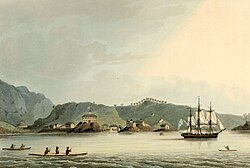 The Russian settlement of St. Paul's Harbor, present-day Kodiak town, Kodiak Island, 1814