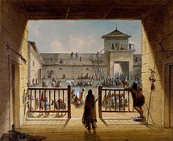 Alfred Jacob Miller - Interior of Fort Laramie - Google Art Project. One of the most important treaties between the Plains Indians was negotiated near Fort Laramie in 1851 and named after the fort. The treaty describes the territory of the different tribes.