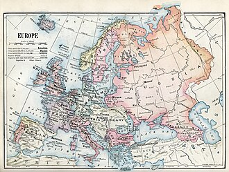 1916 political map of Europe showing most of Moll's waterways replaced by von Strahlenberg's Ural Mountains and Freshfield's Caucasus crest, land features of a type that normally defines a subcontinent