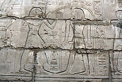 A relief from Karnak showing Ramesses II giving offerings to his deified father Seti I, Great Hypostyle Hall
