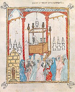 Image of a cantor reading the Passover story in Al Andalus, from the 14th century Haggadah of Barcelona.