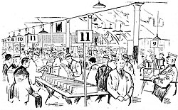 Before ranked-choice voting software, second choice tabulation had to be done by hand. This newspaper illustration depicts STV tabulation in Cincinnati Music Hall for the 1925 City Council election.[47]