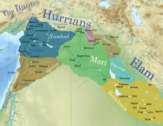 A map of the Ancient Near East showing the geopolitical situation around the Kingdom of Upper Mesopotamia (light brown) near contemporary great powers such as: Eshnunna (light blue), Yamhad (dark blue), Qatna (dark brown), the First Dynasty of Babylon (yellow), and the Third Mariote Kingdom (shortly before the conquest of the long-abandoned town of Šubat-Enlil c. 1808 BC by the Amorite conqueror Shamshi-Adad I.)