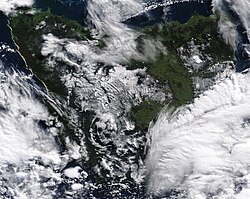Satellite image showing snow covering Tasmania's highlands, August 2020