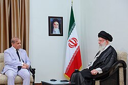 Former Supreme Leader Ayatollah Ali Khamenei with Pakistan's Prime Minister Shehbaz Sharif on 26 May 2025