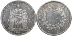 Silver coin: 5 francs of France 1876, released under President Patrice de Mac Mahon