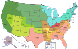 Abolition of slavery in the various states of the US over time: Abolition of slavery during or shortly after the American Revolution (Vermont, 1777; Massachusetts [including Maine], 1783) The Northwest Ordinance, 1787 Gradual emancipation in New York (starting 1799, ended 1827), Pennsylvania (1780–1857), New Hampshire (1783–1857), Connecticut [including the Western Reserve] (1784–1848), Rhode Island (1784–1853) and New Jersey (starting 1804; ended by Thirteenth Amendment, 1865) The Missouri Compromise, 1821 Effective abolition of slavery by Mexican or joint US/British authority Abolition of slavery by Congressional action, 1861 Abolition of slavery by Congressional action, 1862 Emancipation Proclamation as originally issued, 1 Jan 1863 Subsequent operation of the Emancipation Proclamation in 1863 Abolition of slavery by state action during the Civil War Operation of the Emancipation Proclamation in 1864 Operation of the Emancipation Proclamation in 1865 Thirteenth Amendment to the US constitution, 18 Dec 1865 Territory incorporated into the US after the passage of the Thirteenth Amendment