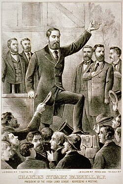 Charles Stewart Parnell (1846–1891) addressing a meeting. The Irish Parliamentary Party was formed in 1882 by Parnell.
