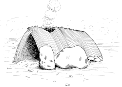 An artist's rendering of a temporary wood house, based on evidence found at Terra Amata (in Nice, France) and dated to the Lower Paleolithic (c. 400,000 BP)[20]