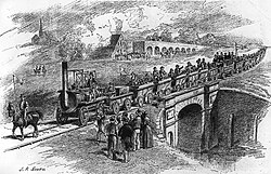 The first train on the Stockton and Darlington Railway in 1825, including six cars of coal