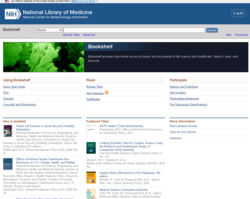 NCBI Bookshelf homepage interface showing access to biomedical literature, search tools, and integrated database navigation