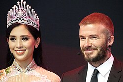 Beckham with Miss Vietnam Trần Tiểu Vy at the Paris Motor Show 2018