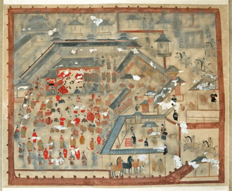 An Eastern Han (25–220) period Chinese mural of a mufu conference conducted by the Commandant-protector of the Wuhuan (护乌桓校尉) at his manor, from a Han tomb in Horinger, Inner Mongolia
