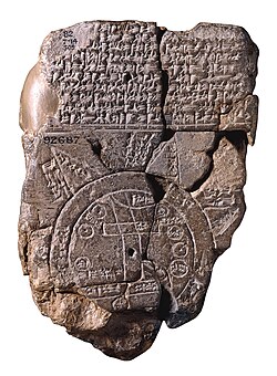 Tablet containing a 6th-century BC Babylonian "map of the world", featuring Babylon at its center. Exhibited at the British Museum.